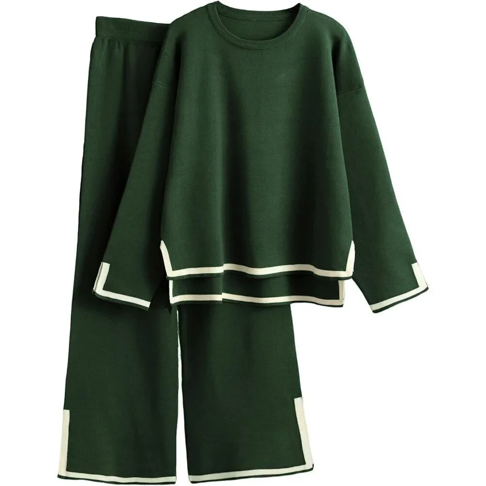 Women's Army Green Long Sleeve Knit Sweater Top & Wide Leg Pants Lounge Set